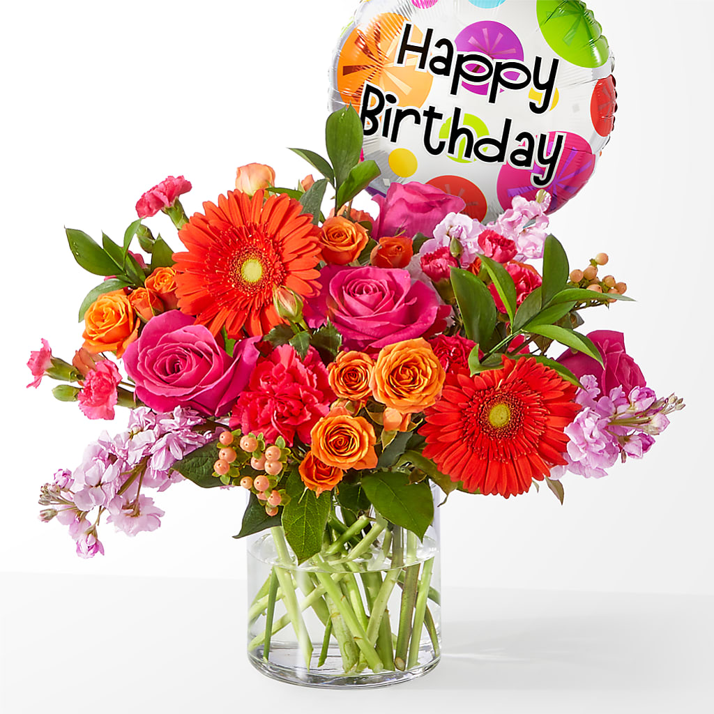 Fiesta Bouquet with Birthday Balloon – Happy Events By Euna, Metuchen NJ