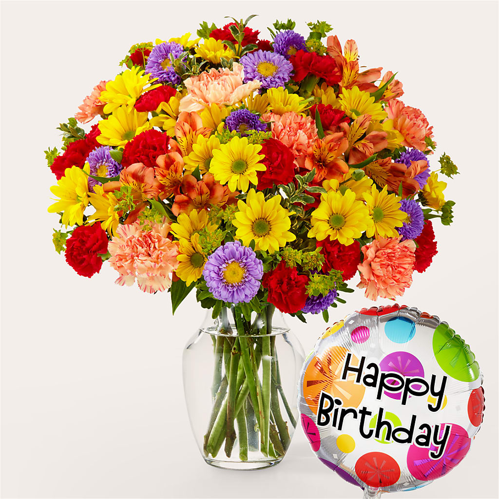 Kaleidoscope Bouquet with Birthday Balloon – Happy Events By Euna, Metuchen NJ