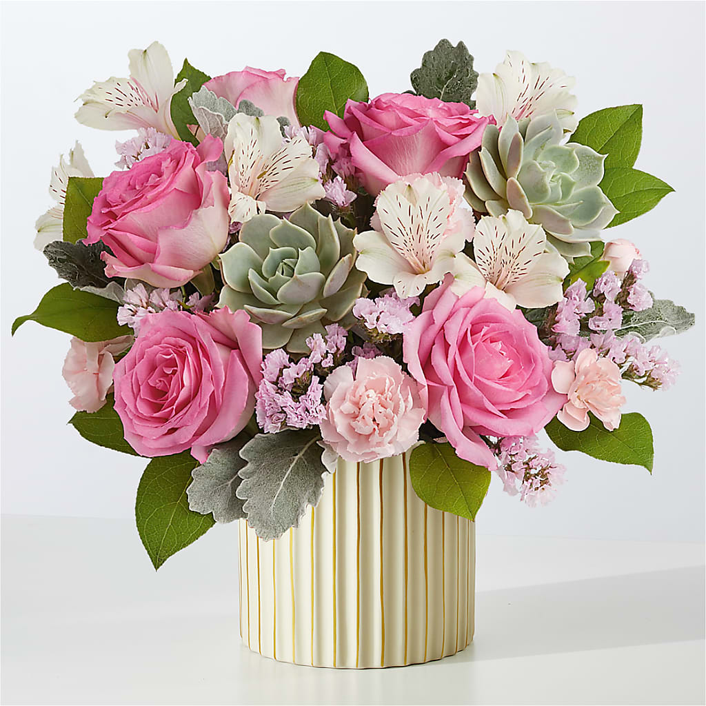 Dusty Rose Bouquet with Ivory Vase – Happy Events By Euna, Metuchen NJ