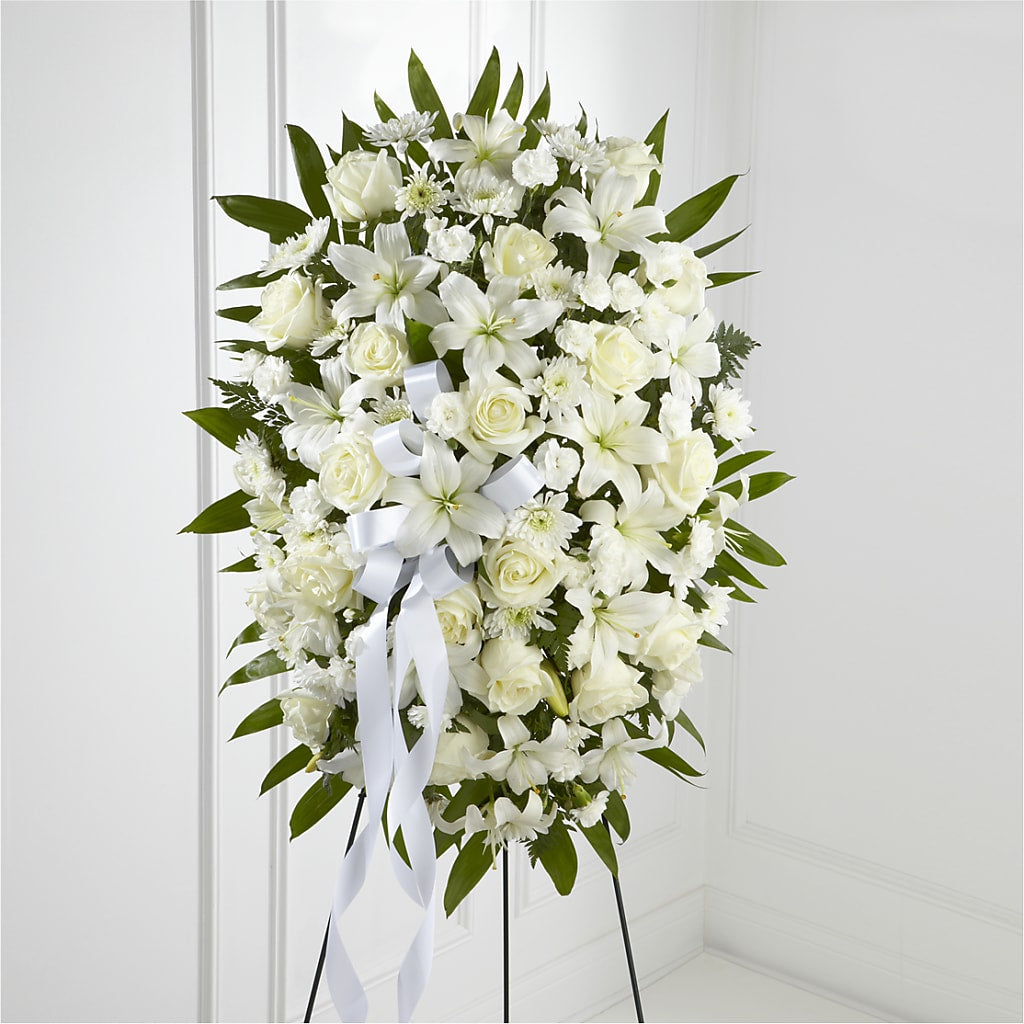 Exquisite Tribute Standing Spray-White Ribbon – Happy Events By Euna, Metuchen NJ