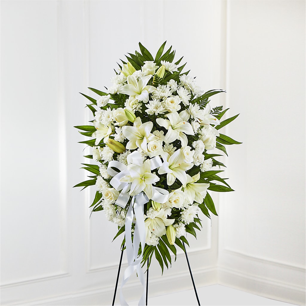 Exquisite Tribute Standing Spray-White Ribbon – Happy Events By Euna, Metuchen NJ