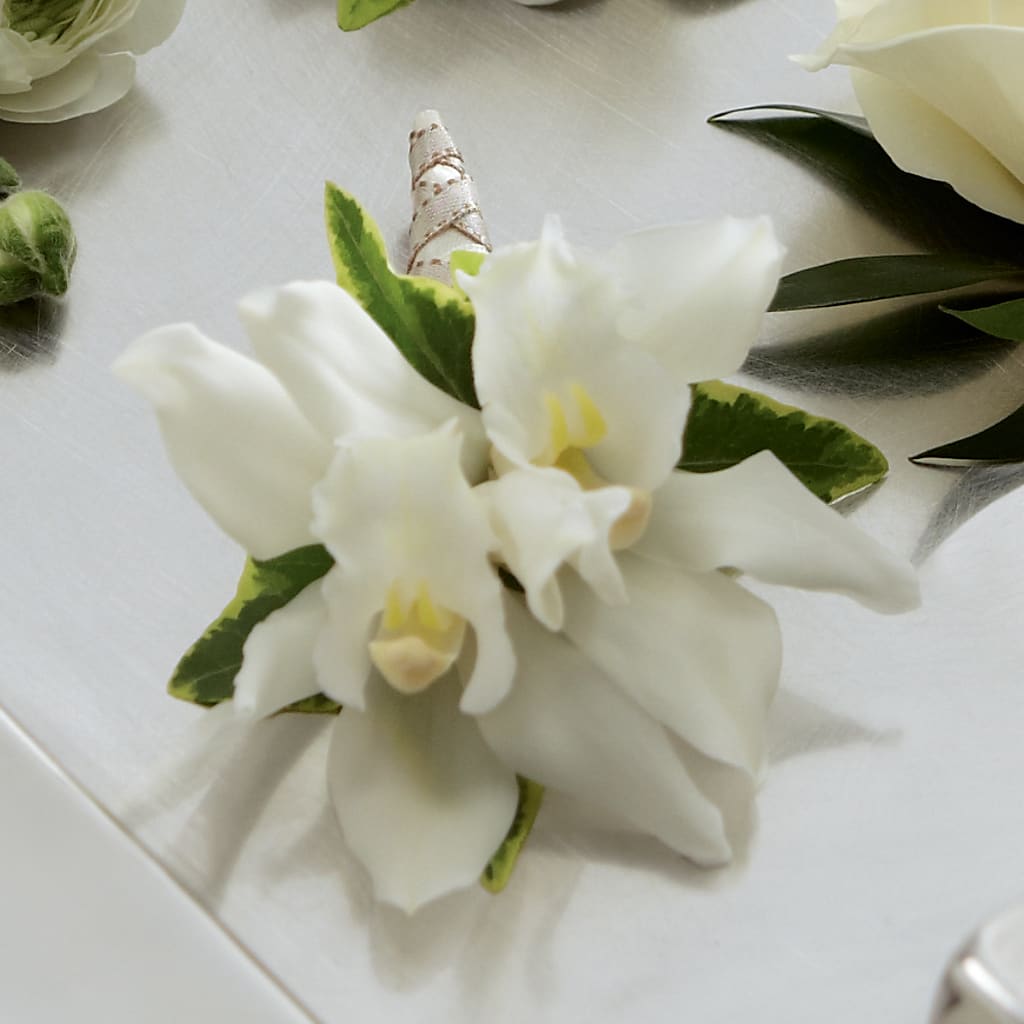 White Mini Cymbidium Boutonniere – Happy Events By Euna, Metuchen NJ